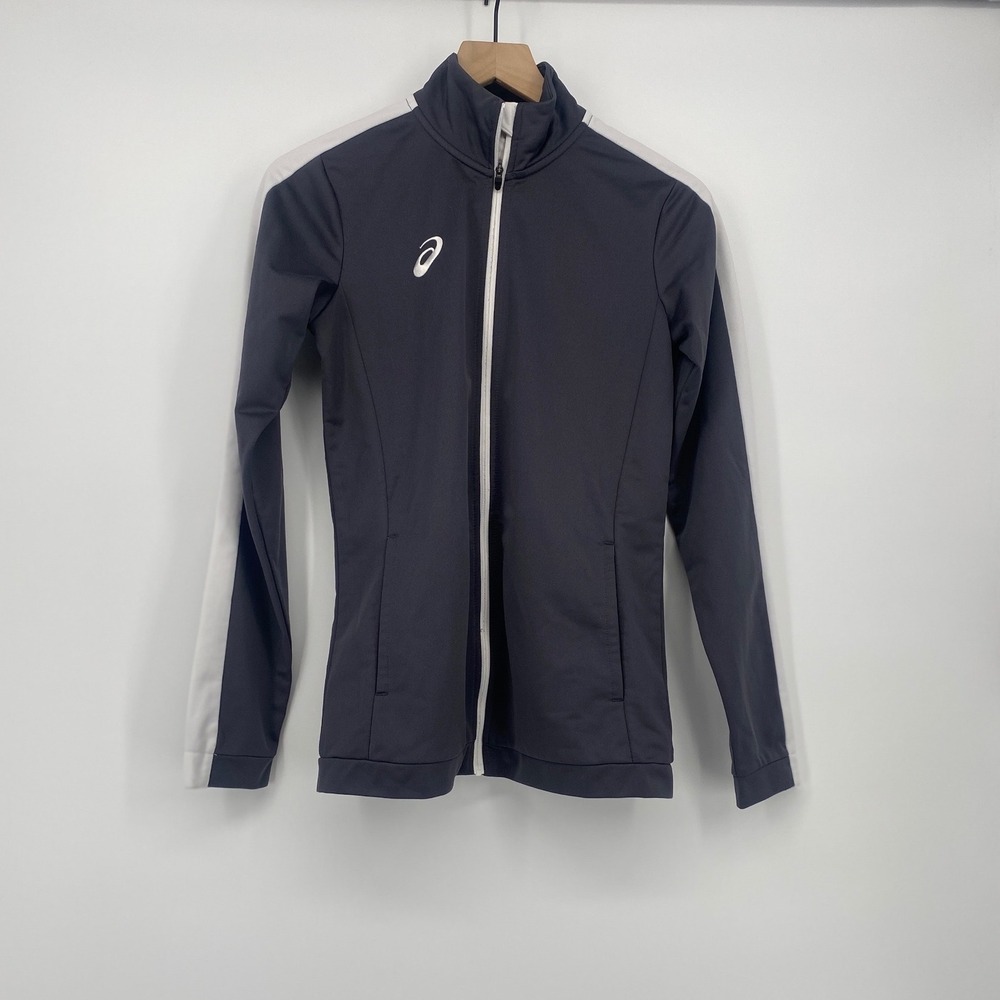 Asics Track Jacket Women Small Gray White Full Zip Mock Neck Athletic Running